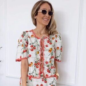 Maeve Veggie Bloom Short-Sleeve Tie-Front Blouse